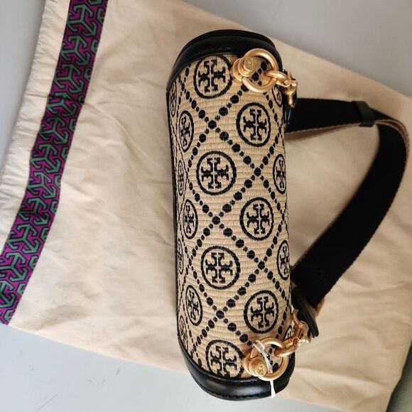 Tory Burch T Monogram Raffia Small Shoulder Bag Tan/Black - Picture 3 of 10